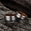 (8mm)  Unisex or Men's Titanium Wedding ring bands. Brushed Silver Tone Ring with Thin Striped Dark Wood Inlay and Smooth Wood Inside Band. Domed Light Weight Ring.