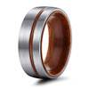 (8mm)  Unisex or Men's Titanium Wedding ring bands. Brushed Silver Tone Ring with Thin Striped Dark Wood Inlay and Smooth Wood Inside Band. Domed Light Weight Ring.