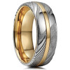 (8mm)  Unisex or Men's Real Damascus Steel Silver and 14K Gold Stripe Inlay Wedding Ring - Domed Style