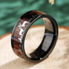 (8mm)  Unisex or Men's Hunting Ring / Deer Crossing Wedding ring band. Black Tungsten Carbide Band with Deer Silhouette over Real Koa Wood. Hunter's Wedding ring band Comfort Fit Ring