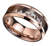 (8mm)  Unisex or Men's Hunting Ring / Deer Crossing Wedding ring band. Rose Gold Tungsten Carbide Band with Deer Silhouette over Real Koa Wood. Hunter's Wedding ring band Comfort Fit Ring