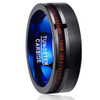 (8mm)  Unisex or Men's Wedding Tungsten Carbide Wedding ring band. Black and Blue Band with Koa Wood Slice Inlay. Flat Edged Tungsten Carbide Ring. Comfort Fit Brushed Tungsten Carbide Wedding Ring