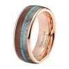 (8mm)  Unisex or Men's Wedding Tungsten Carbide Wedding ring band. Rose Gold Band with Blue Calaite Turquoise, White Antler and Wood Inlay. Comfort Fit Tungsten Carbide Domed Top Ring