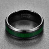 (8mm)  Unisex or Men's Tungsten Carbide Wedding ring bands. Black with High Polish Green Wood Inlay and Beveled Edges