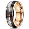 (8mm)  Unisex or Men's Tungsten Carbide Wedding ring bands. Rose Gold Cupid's Arrow over Wood Inlay. Tungsten Carbide Ring with High Polish Antler and Dark Wood Inlay. Domed Top Ring.