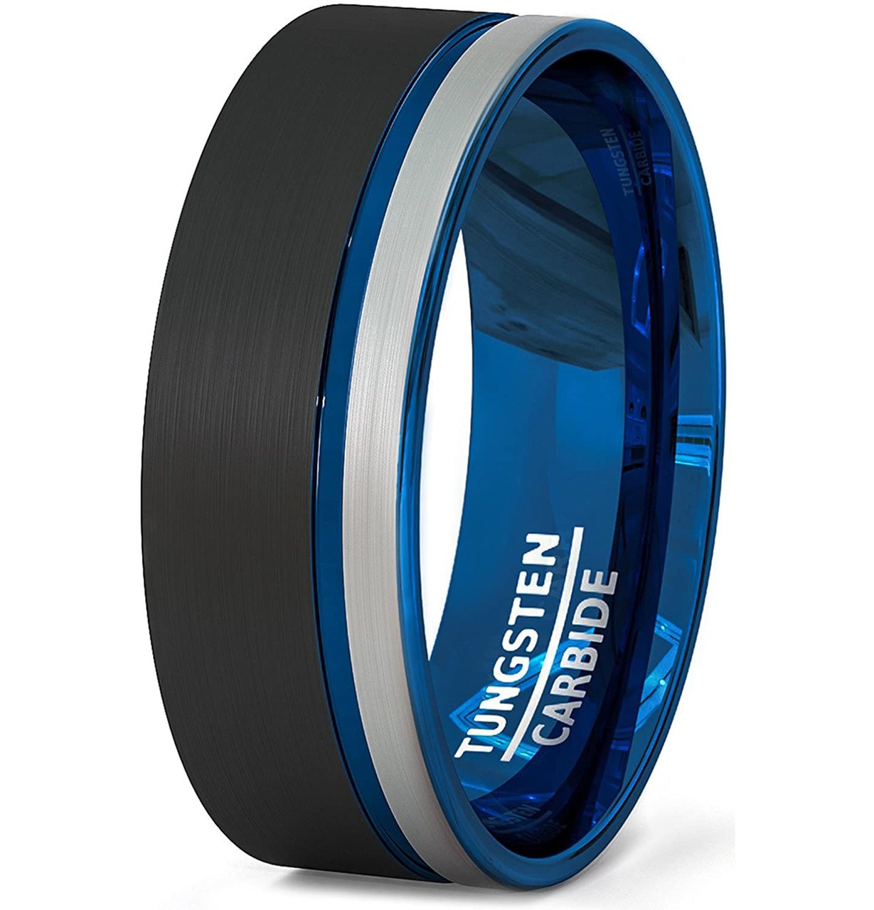 (8mm)  Unisex or Men's Blue, Black and Silver / Gray Triple Tone Tungsten Carbide Wedding ring band. Pipe Cut, Flat Edges and Comfort Fit