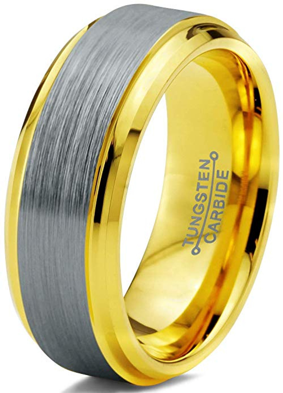 (8mm)  Unisex or Men's Tungsten Carbide Wedding ring band. Silver and Yellow Gold Duo Tone Top. Comfort Fit Wedding Rings