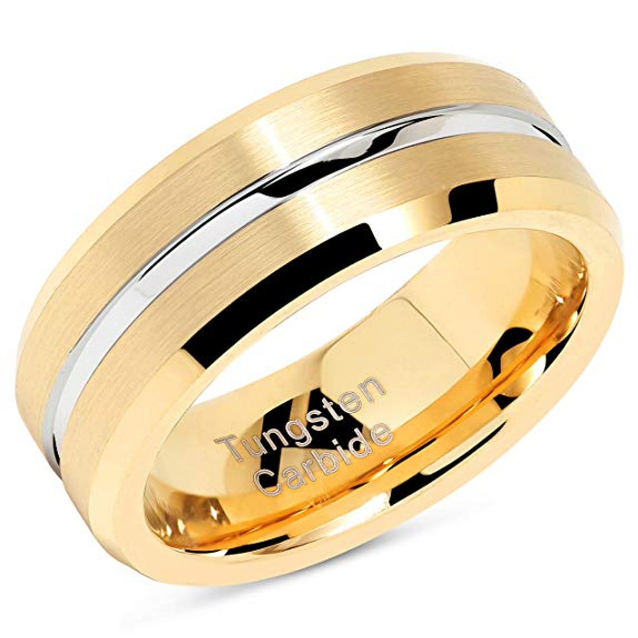 (8mm)  Unisex, Women's or Men's Tungsten Carbide Wedding ring band. 14K Yellow Gold Band with Silver Groove High Polish Finish Tungsten Carbide Ring. Beveled Edge