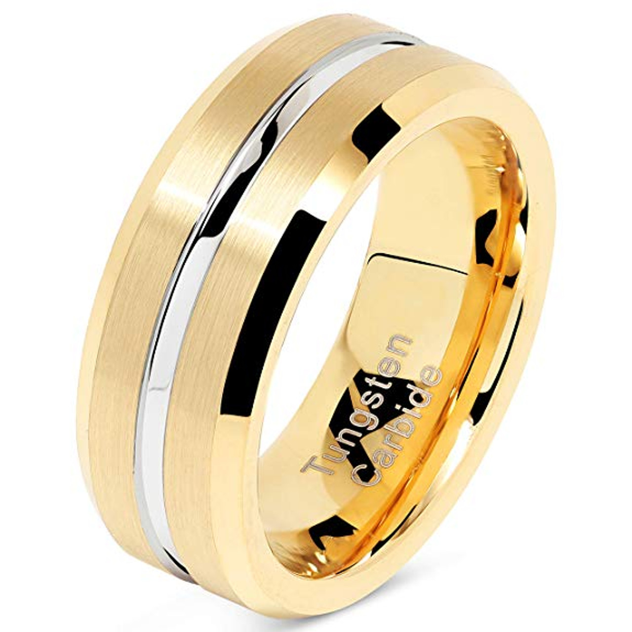 (8mm)  Unisex, Women's or Men's Tungsten Carbide Wedding ring band. 14K Yellow Gold Band with Silver Groove High Polish Finish Tungsten Carbide Ring. Beveled Edge