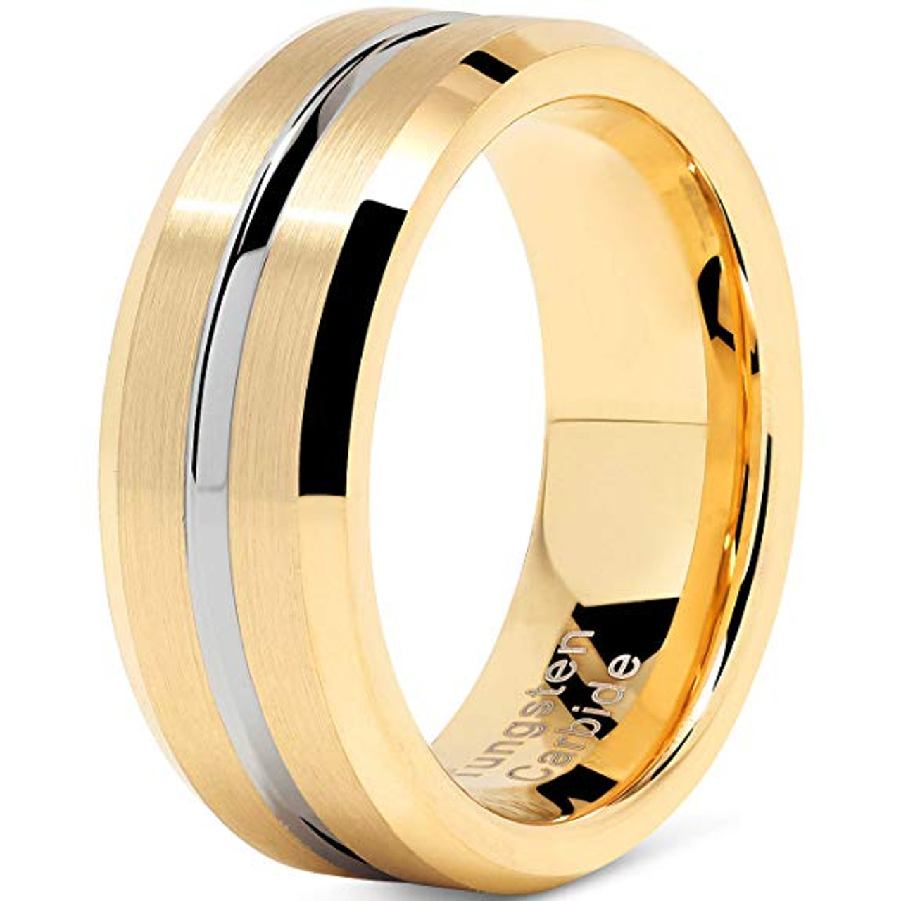 (8mm)  Unisex, Women's or Men's Tungsten Carbide Wedding ring band. 14K Yellow Gold Band with Silver Groove High Polish Finish Tungsten Carbide Ring. Beveled Edge