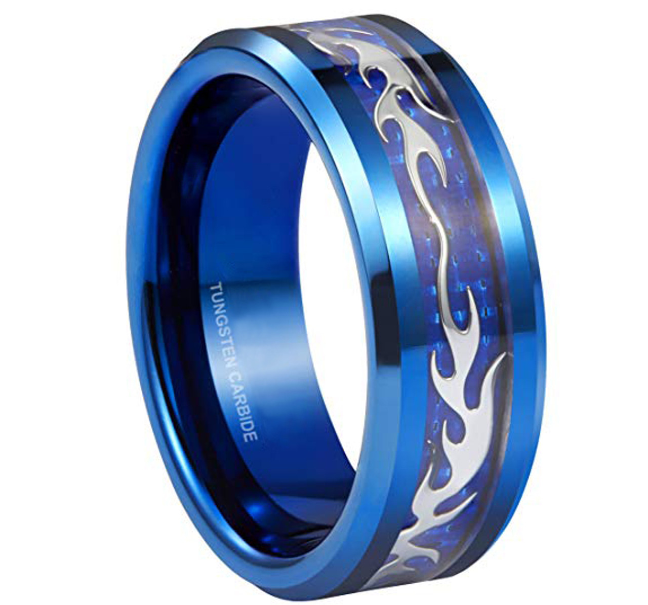 (8mm)  Unisex or Men's Blue Tungsten Carbide Wedding Ring. Silver Flame Pattern Inlaid Blue Carbon Fiber Band