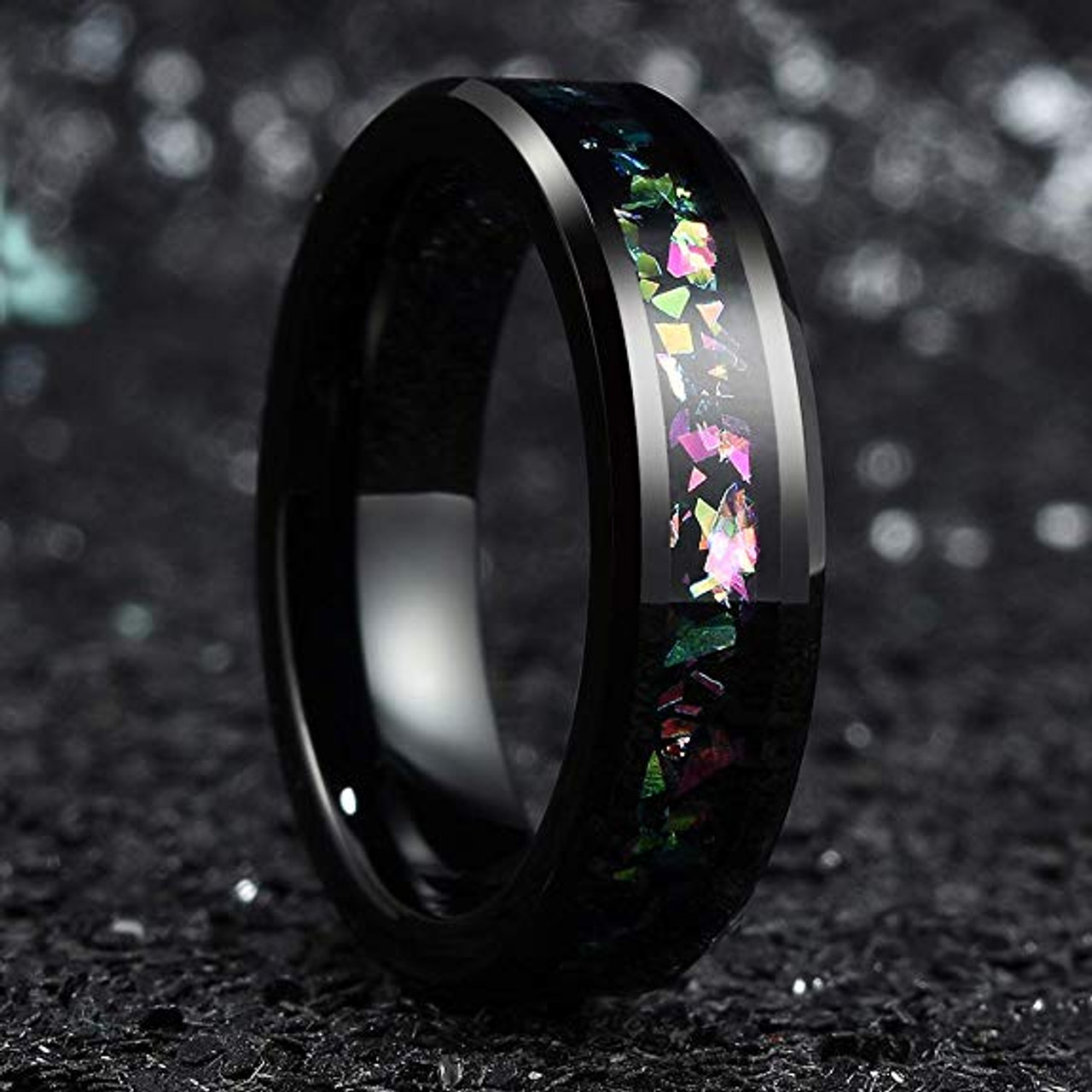 (6mm)  Unisex or Men's or Women's Tungsten Carbide Wedding ring band. Wedding ring band Black with Rainbow Fragments Inlay. Tungsten Carbide Ring