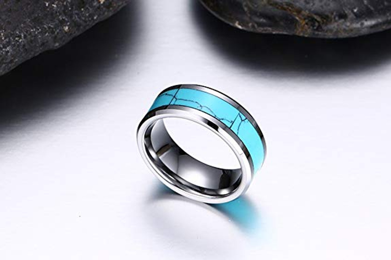(8mm)  Unisex, Men's or Women's Blue Turquoise Inlay Tungsten Carbide Wedding ring band Ring. Silver Tone Tungsten Carbide Ring Comfort Fit.