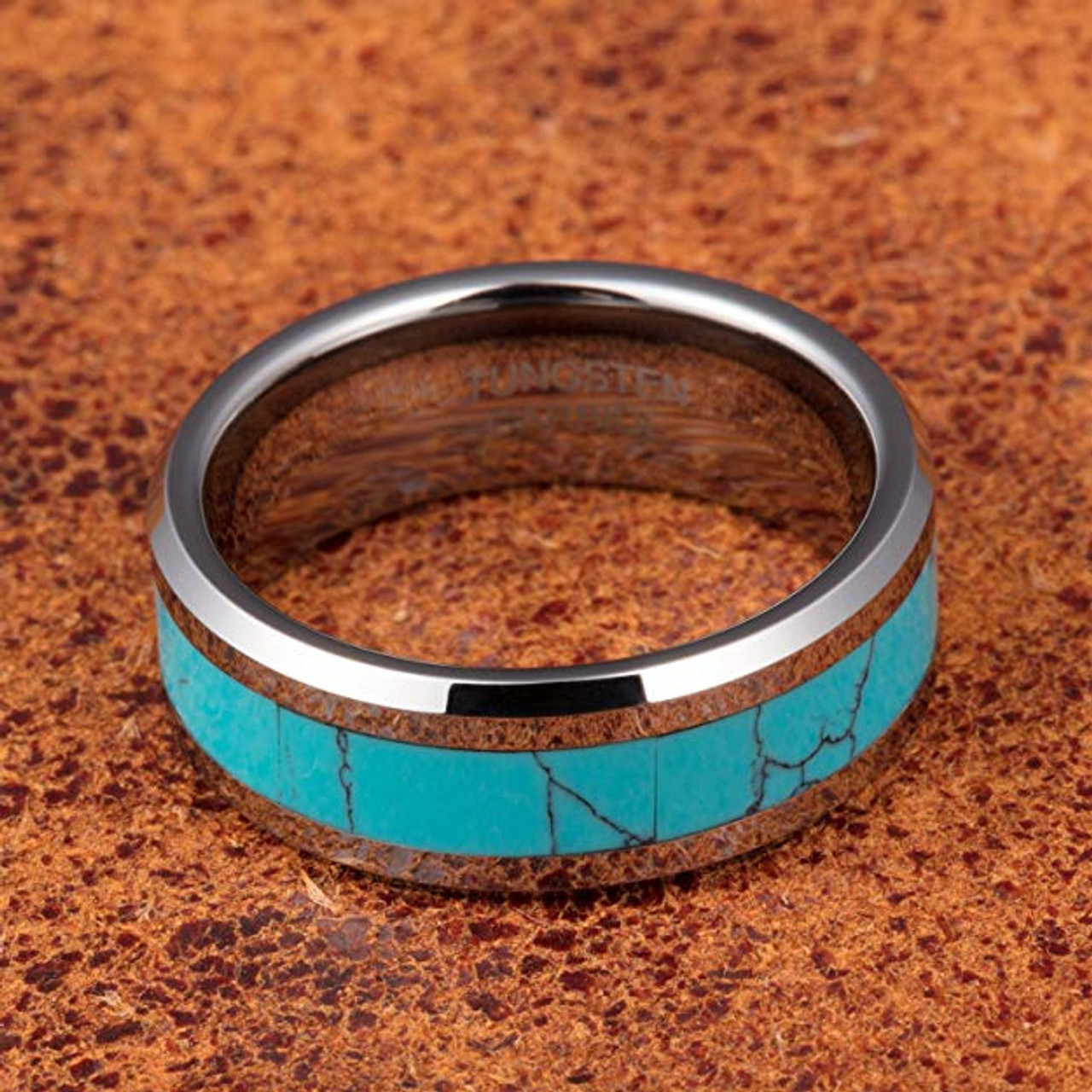 (8mm)  Unisex, Men's or Women's Blue Turquoise Inlay Tungsten Carbide Wedding ring band Ring. Silver Tone Tungsten Carbide Ring Comfort Fit.