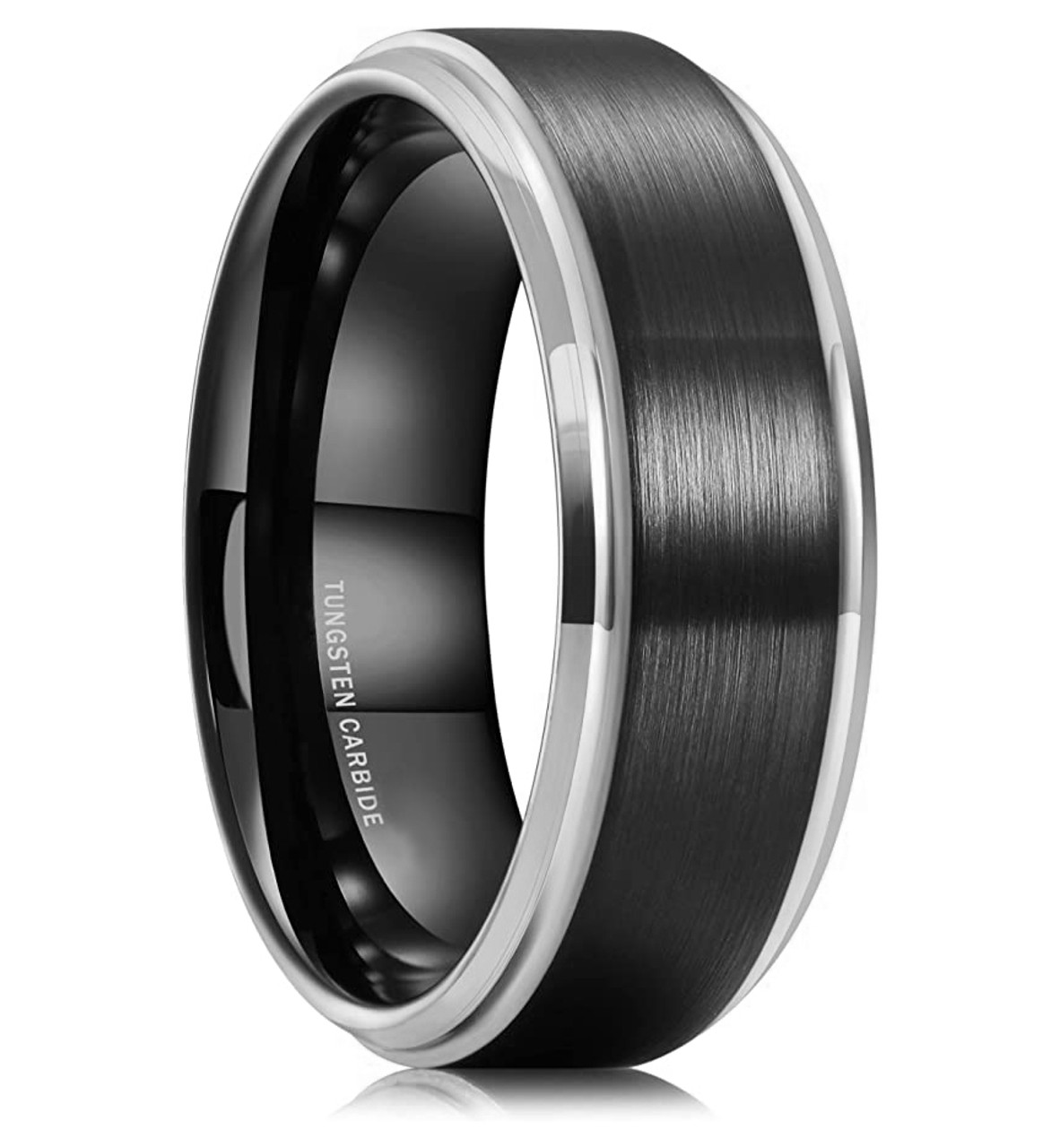 (8mm)  Unisex or Men's Tungsten Carbide Wedding ring bands. Silver and Black Tungsten Carbide Ring. Side Stripes High Polish Comfort Fit