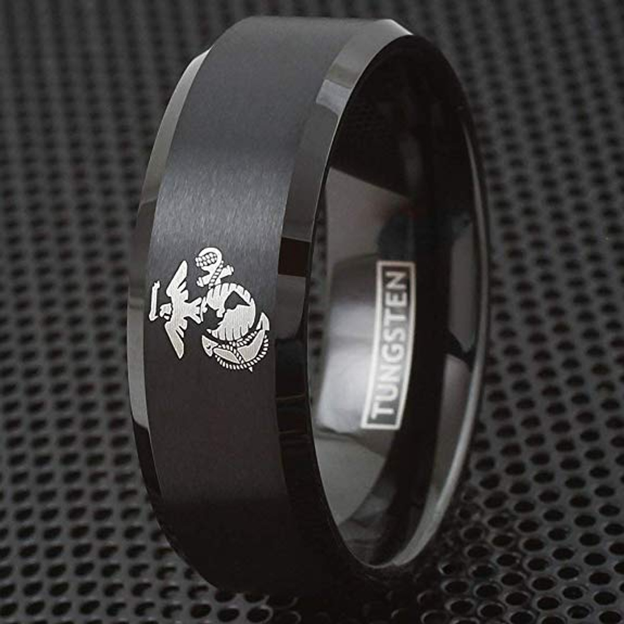 (8mm)  Unisex or Men's U.S. Marines / USMC Marine Corps. Tungsten Carbide Wedding ring band. Military Wedding ring bands. Black Laser Etched United States Marines Logo