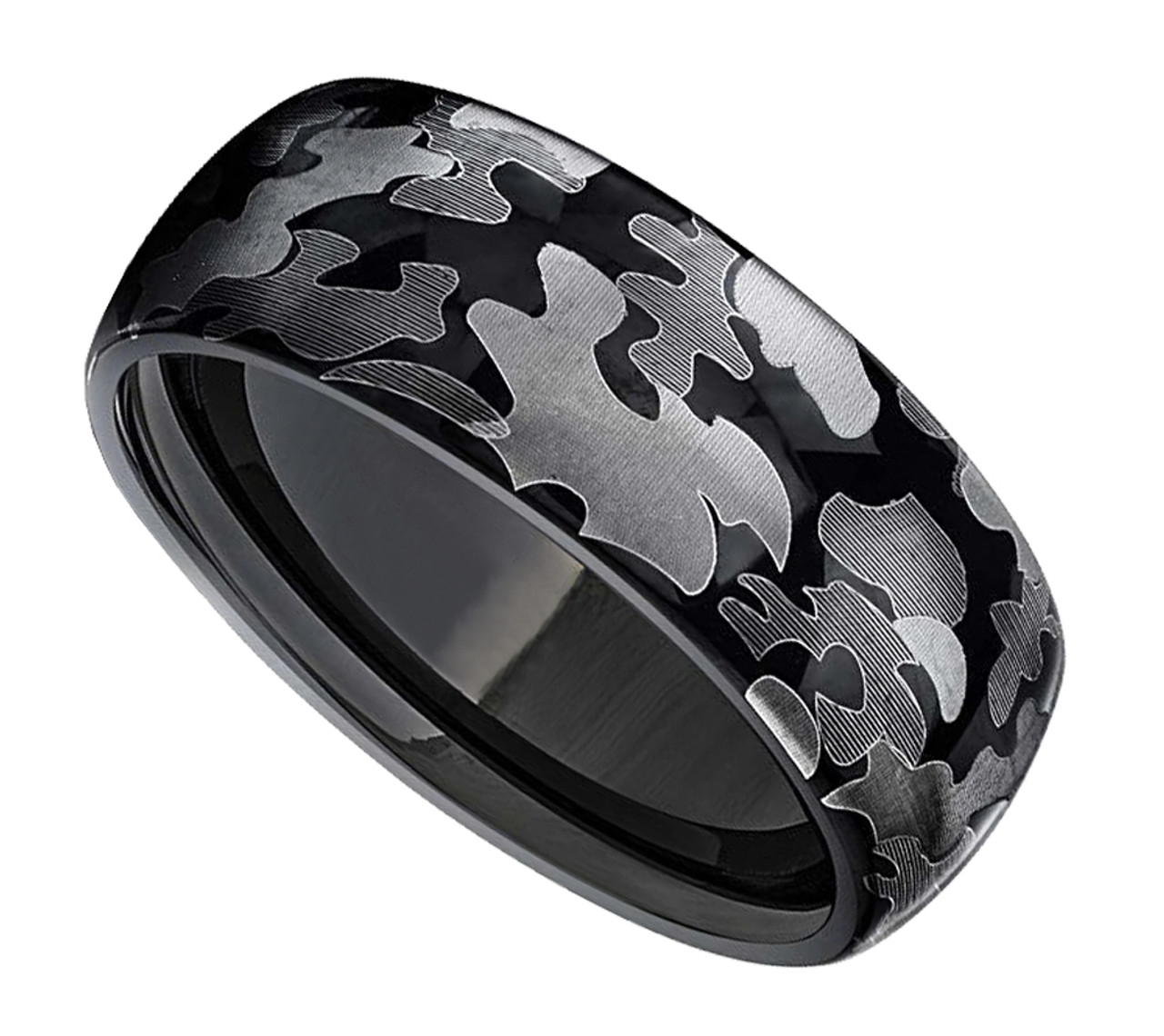 (8mm) Unisex or Men's Steel Wedding ring band. Silver and Black Camouflage Wedding Ring