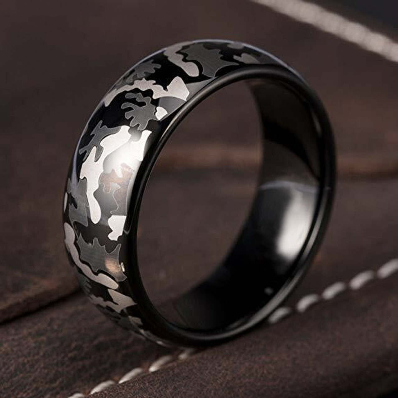 (8mm) Unisex or Men's Steel Wedding ring band. Silver and Black Camouflage Wedding Ring