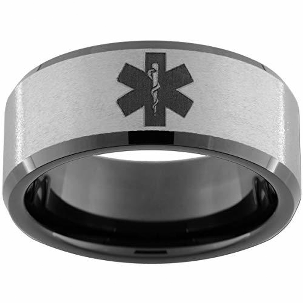 (10mm)  Unisex or Men's Doctor / EMS / Paramedical Emergency Medical Tech Tungsten Carbide Wedding ring band.Duo Tone Black and Silver with Laser Etched Logo