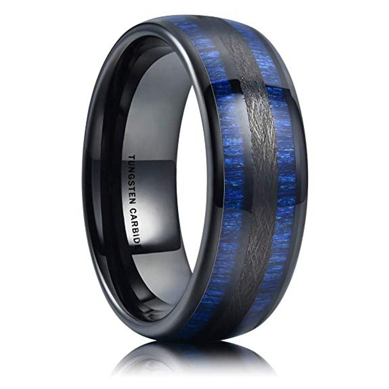 (8mm)  Unisex or Men's Tungsten Carbide Wedding ring bands. Black and Blue Tone with Maple Wood Inlay. High Polish Domed Top Tungsten Carbide Ring