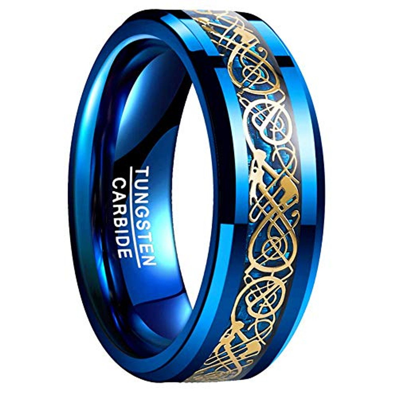 (8mm)  Unisex or Men's Tungsten Carbide Wedding ring band. Blue Celtic Wedding ring band. Blue and Gold Resin Inlay Celtic Knot Tungsten Carbide Ring Comfort Fit