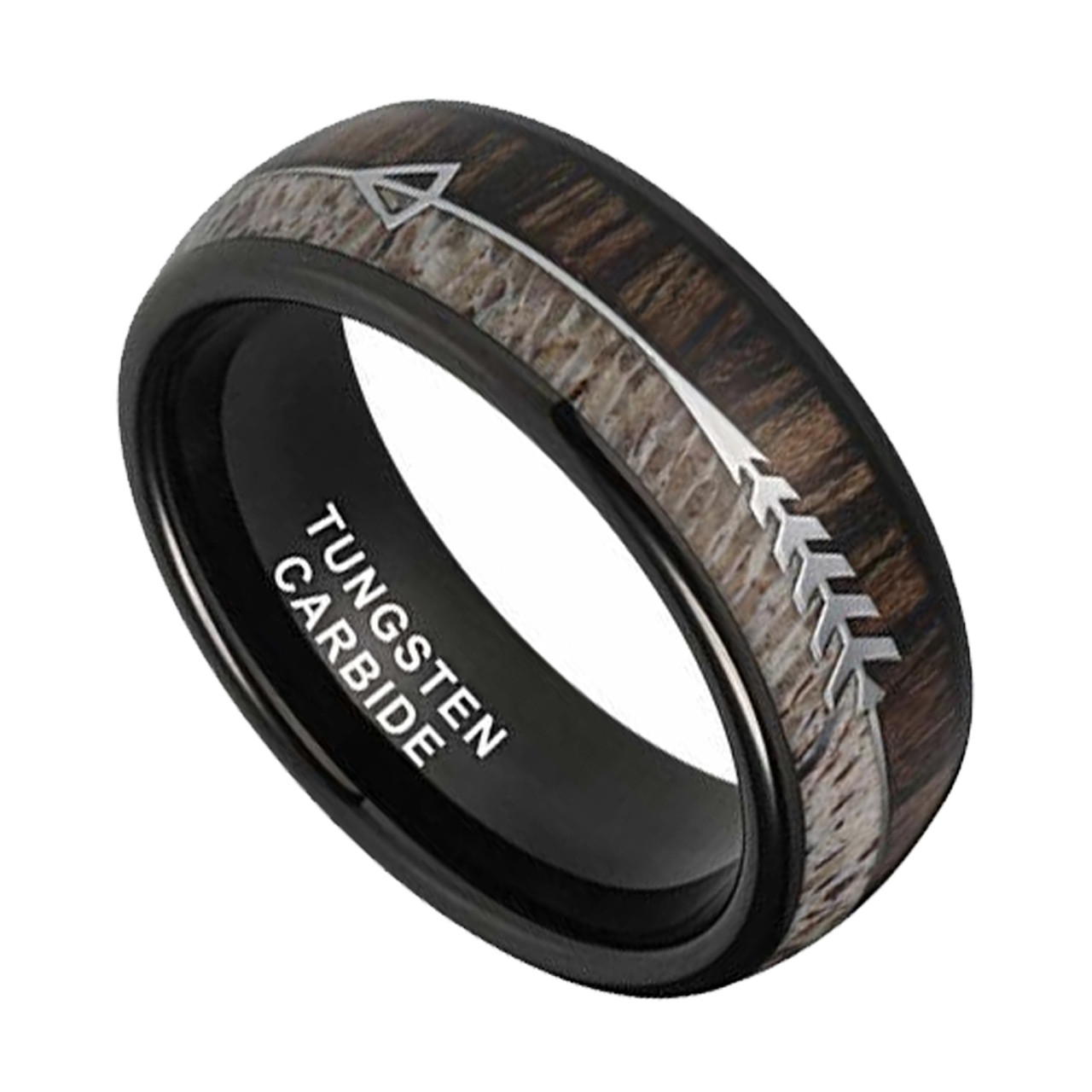 (8mm)  Unisex or Men's Tungsten Carbide Wedding ring bands. Black Cupid's Arrow over Wood Inlay. Tungsten Carbide Ring with High Polish Antler and Dark Wood Inlay. Domed Top Ring.