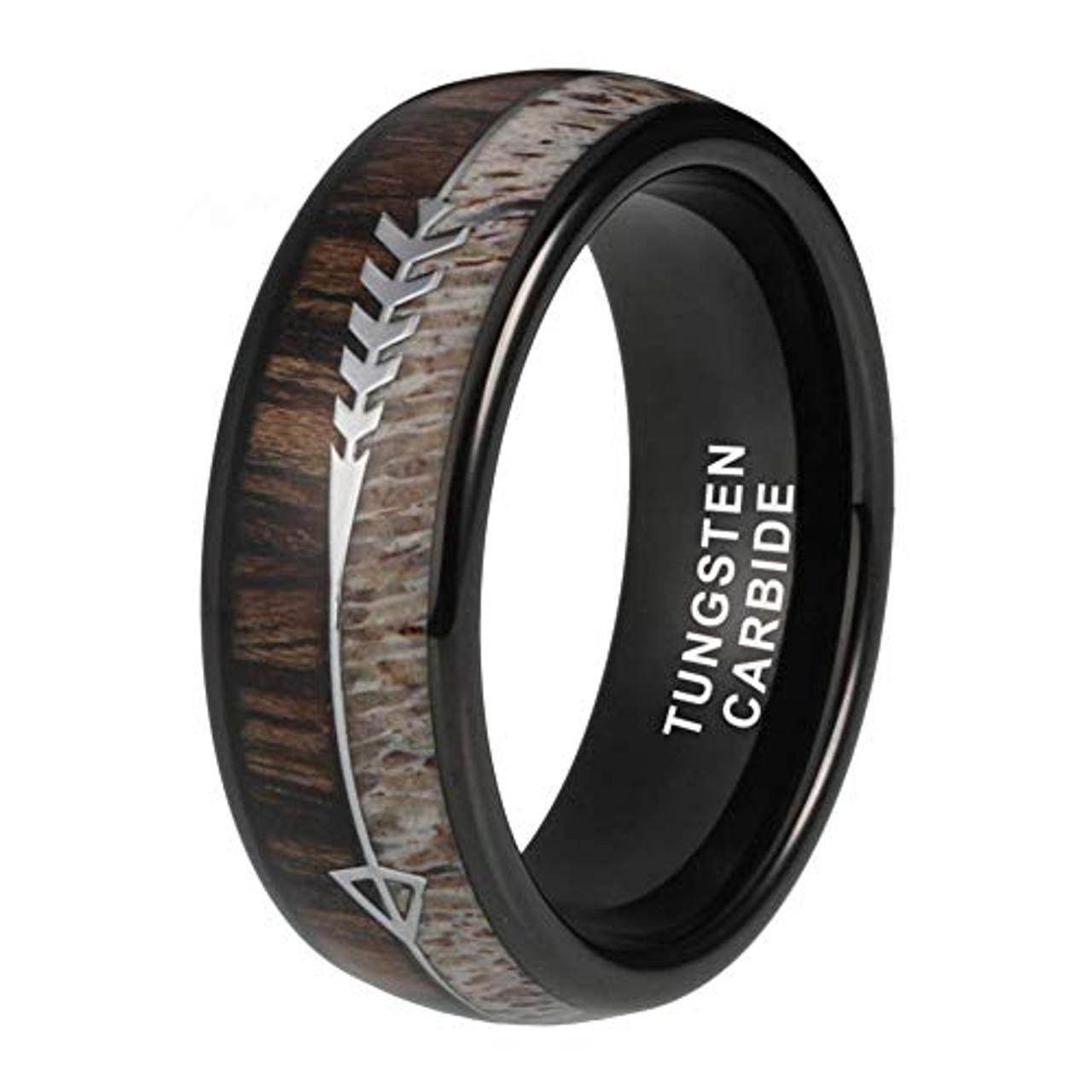 (8mm)  Unisex or Men's Tungsten Carbide Wedding ring bands. Black Cupid's Arrow over Wood Inlay. Tungsten Carbide Ring with High Polish Antler and Dark Wood Inlay. Domed Top Ring.