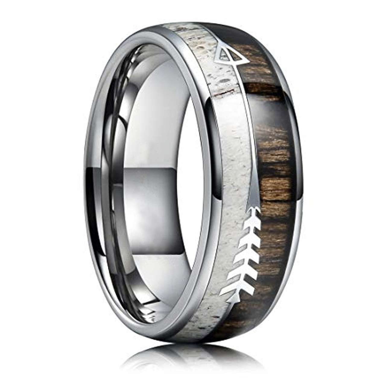 (8mm)  Unisex or Men's Tungsten Carbide Wedding ring bands. Silver Cupid's Arrow over Wood Inlay. Tungsten Carbide Ring with High Polish Antler and Dark Wood Inlay. Domed Top Ring.