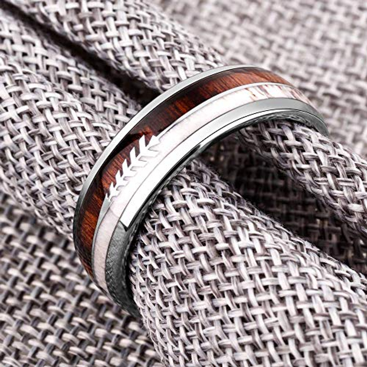 (8mm)  Unisex or Men's Tungsten Carbide Wedding ring bands. Silver Cupid's Arrow over Wood Inlay. Tungsten Carbide Ring with High Polish Antler and Dark Wood Inlay. Domed Top Ring.