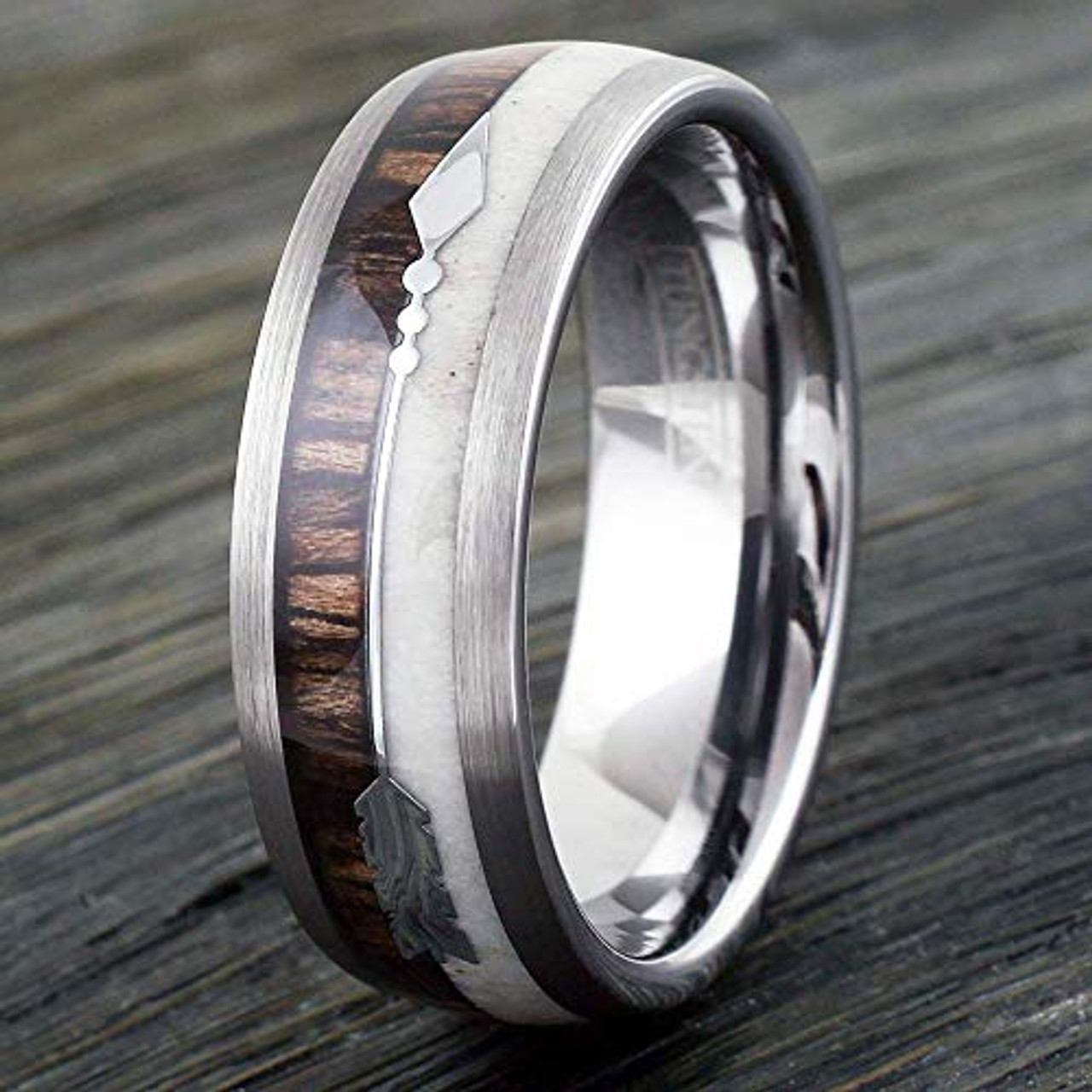 (8mm)  Unisex or Men's Tungsten Carbide Wedding ring bands. Silver Cupid's Arrow over Wood Inlay. Tungsten Carbide Ring with High Polish Antler and Dark Wood Inlay. Domed Top Ring.