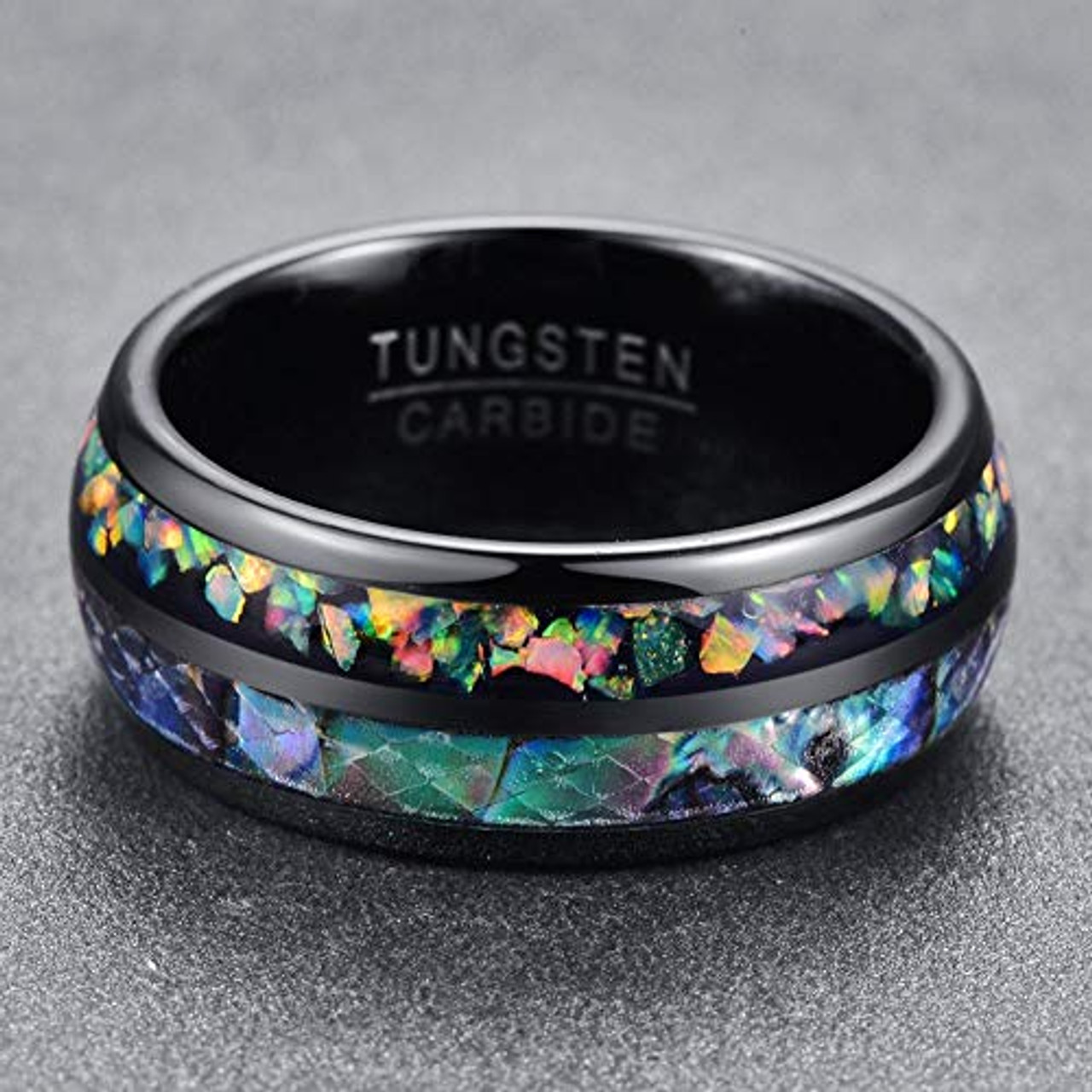 (8mm)  Unisex or Men's Tungsten Carbide Wedding ring bands. Black Tone Multi Color Abalone Shell and Rainbow Opal Inlay Ring (Organic colors)