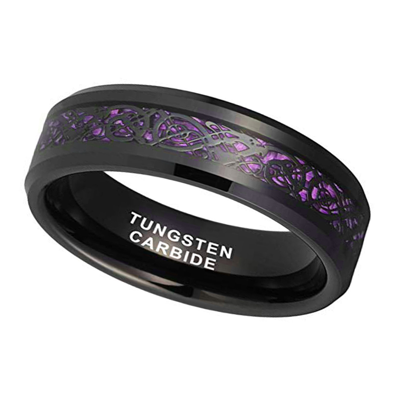 (6mm)  Unisex or Women's Tungsten Carbide Wedding ring band. Celtic Wedding ring band Black with Purple and Black Resin Inlay Celtic Knot. Tungsten Carbide Ring