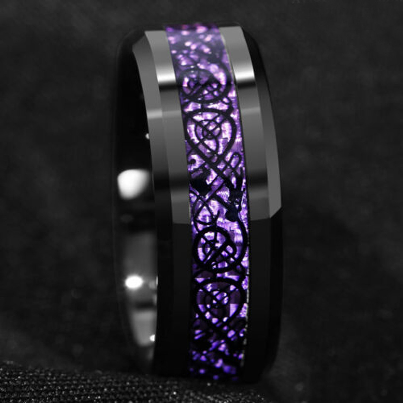 (8mm)  Unisex or Men's Tungsten Carbide Wedding ring band. Celtic Wedding ring band Black with Purple and Black Resin Inlay Celtic Knot. Tungsten Carbide Ring