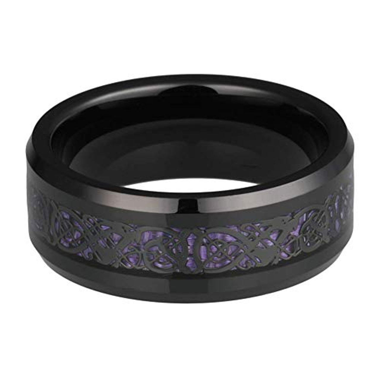 (8mm)  Unisex or Men's Tungsten Carbide Wedding ring band. Celtic Wedding ring band Black with Purple and Black Resin Inlay Celtic Knot. Tungsten Carbide Ring