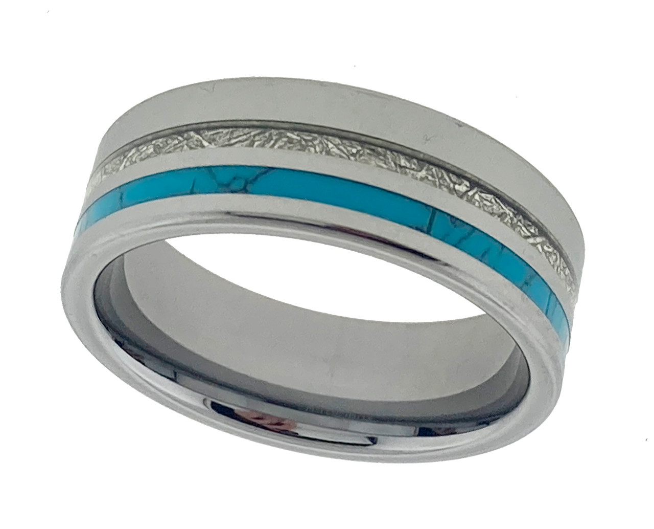 (8mm)  Unisex or Men's Wedding Tungsten Carbide Wedding ring band. Silver Tungsten Carbide Band with Blue Turquoise and Inspired Meteorite Inlay. Pipe Cut Tungsten Carbide Ring. Comfort Fit