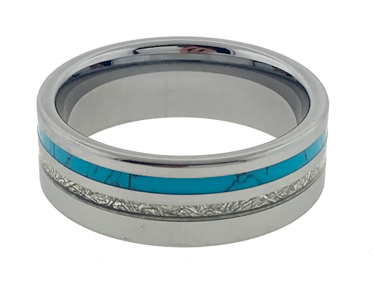 (8mm)  Unisex or Men's Wedding Tungsten Carbide Wedding ring band. Silver Tungsten Carbide Band with Blue Turquoise and Inspired Meteorite Inlay. Pipe Cut Tungsten Carbide Ring. Comfort Fit