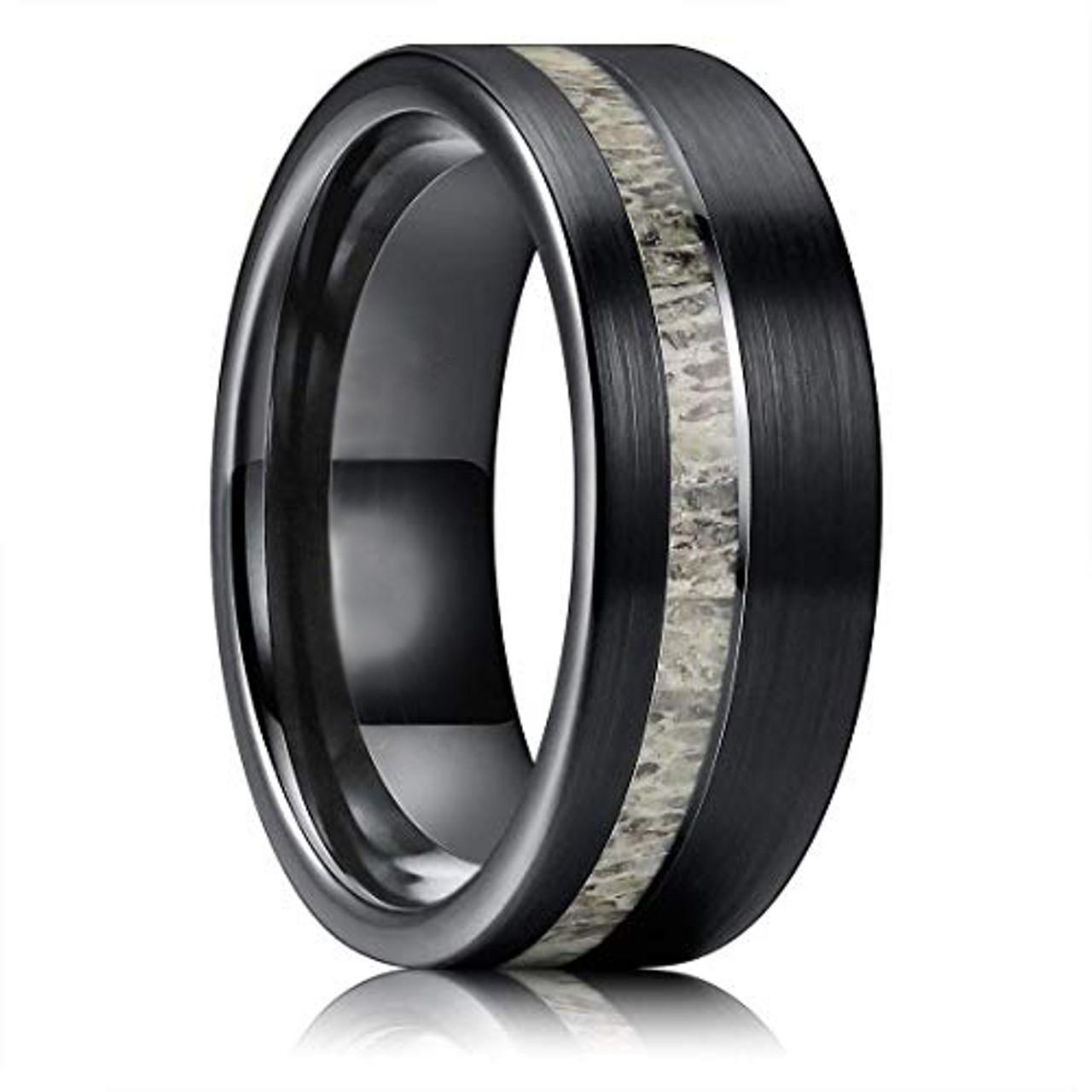 (8mm)  Unisex or Men's Tungsten Carbide Wedding ring band. Black with White Antler Inlay Ring. Tungsten Carbide Ring Comfort Fit