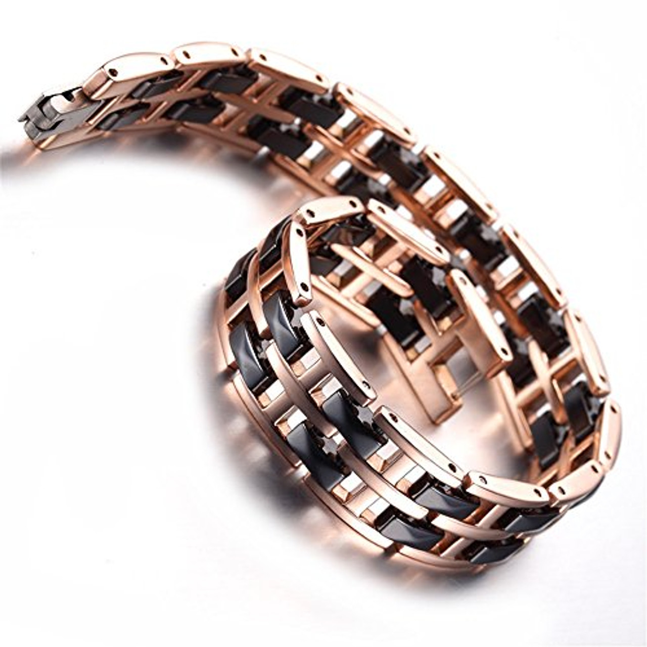 8" Inch Length - Mens Tungsten Steel Bracelet - Rose Gold Tungsten Carbide Black Ceramic Duo Tone Polished Link Bracelet