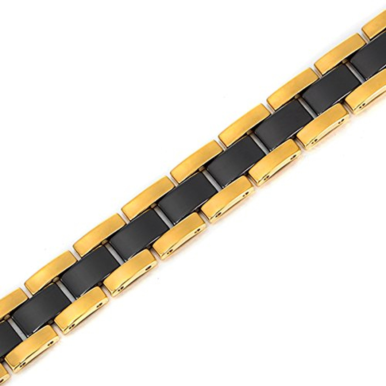 8.25" Inch Length - Mens Tungsten Bracelet - Two-Tone Tungsten Carbide, Ceramic & Magnets Link Bracelet for Men (Gold and Black)