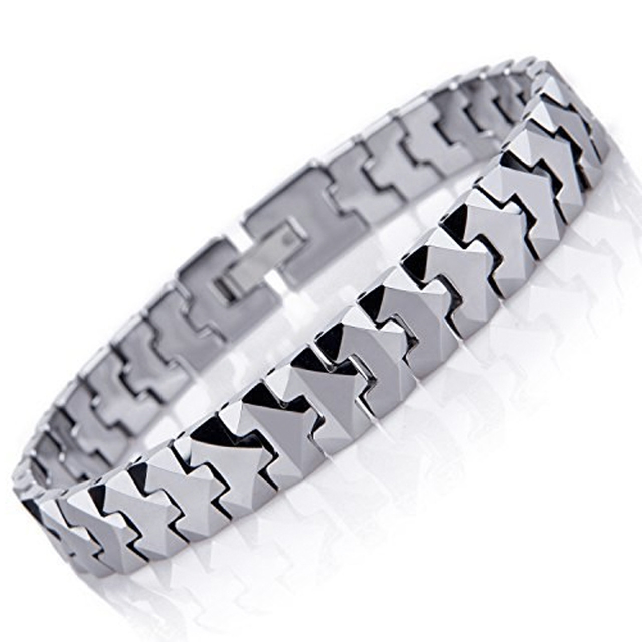 8.25" Inch Length - Mens Tungsten Bracelet - Silver Tone 10mm wide - Solid Link Tungsten Carbide Bracelet with Puzzle Piece Style Design 
