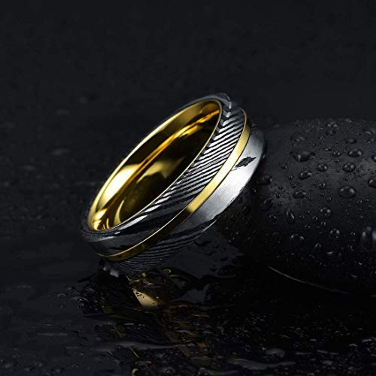 (6mm)  Unisex or Women's Real Damascus Steel Silver, Black and 14K Gold Stripe Inlay Wedding Ring - Flat Style