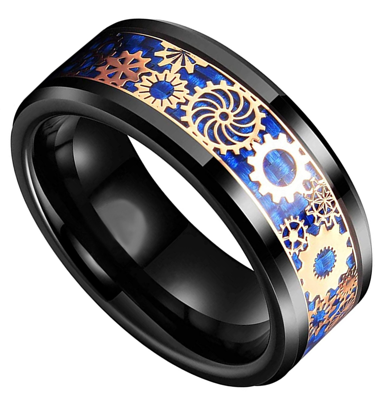 (8mm) Unisex or Men's Tungsten Carbide Wedding Ring Band. Black with Rose Gold Watch Gear Resin Inlay Design Over Blue Carbon Fiber Inlay