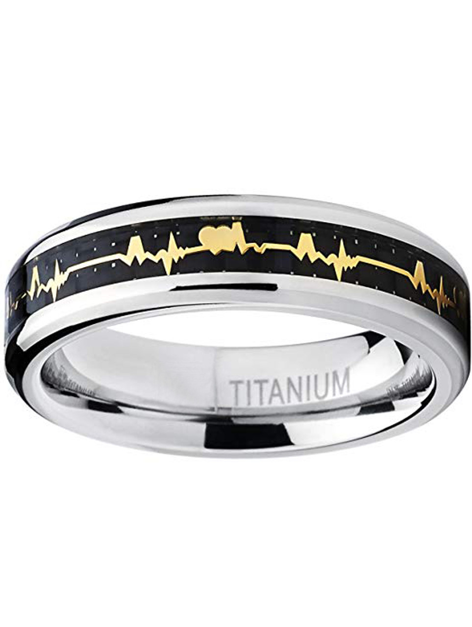 (8mm)  Unisex or Men's Titanium EKG Heartbeat Wedding ring band. Silver Band with Gold Inlay Heart Life-line on Black Carbon Fiber. Light Weight  Comfort Fit Love Ring