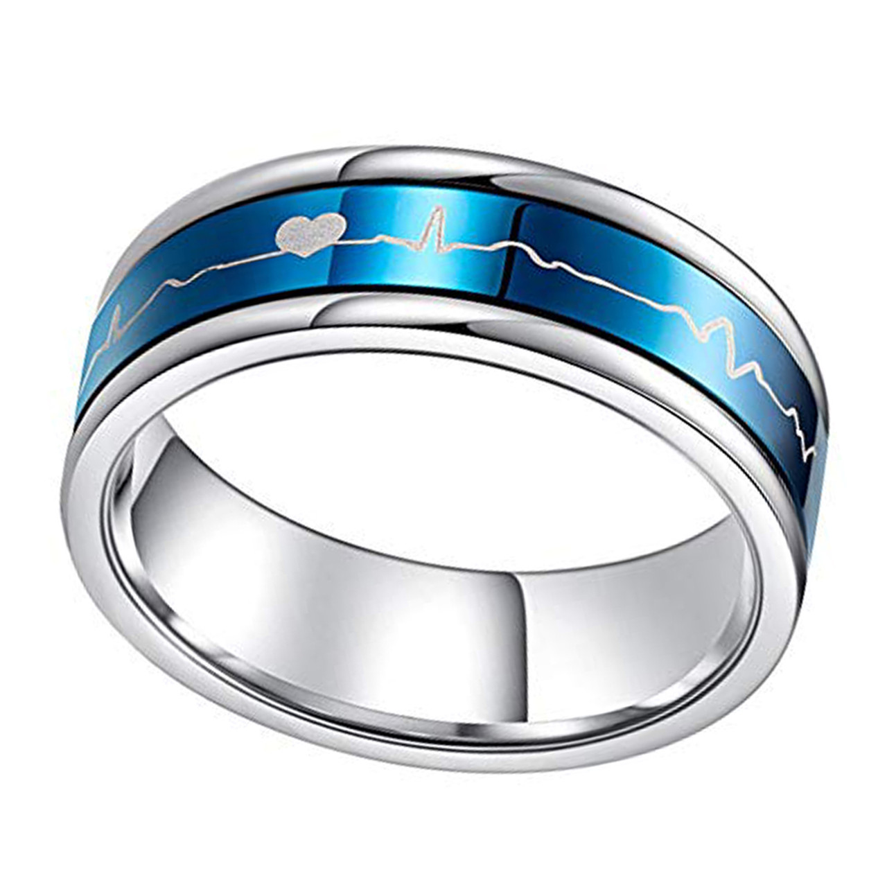 (7mm)  Unisex, Women's or Men's Stainless Steel Wedding ring band. Silver Tone with Blue Rotating Spinner Heart Line EKG Heart Beat Center Style Design Ring