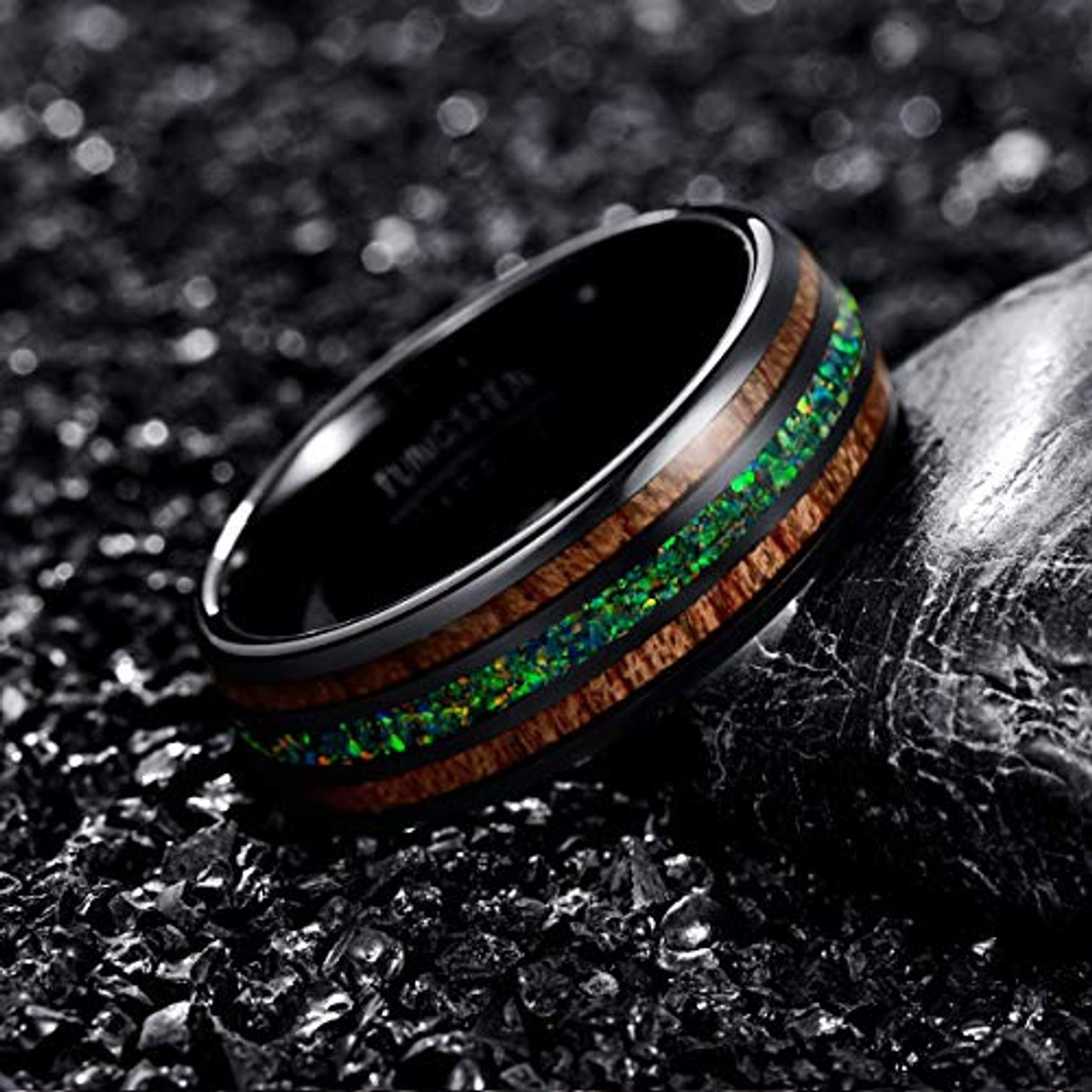 (8mm) Unisex or Men's Tungsten Carbide Wedding Ring Band - Black Tone Wood and Sea Green Opal Inlay Ring.  I Love You Text.