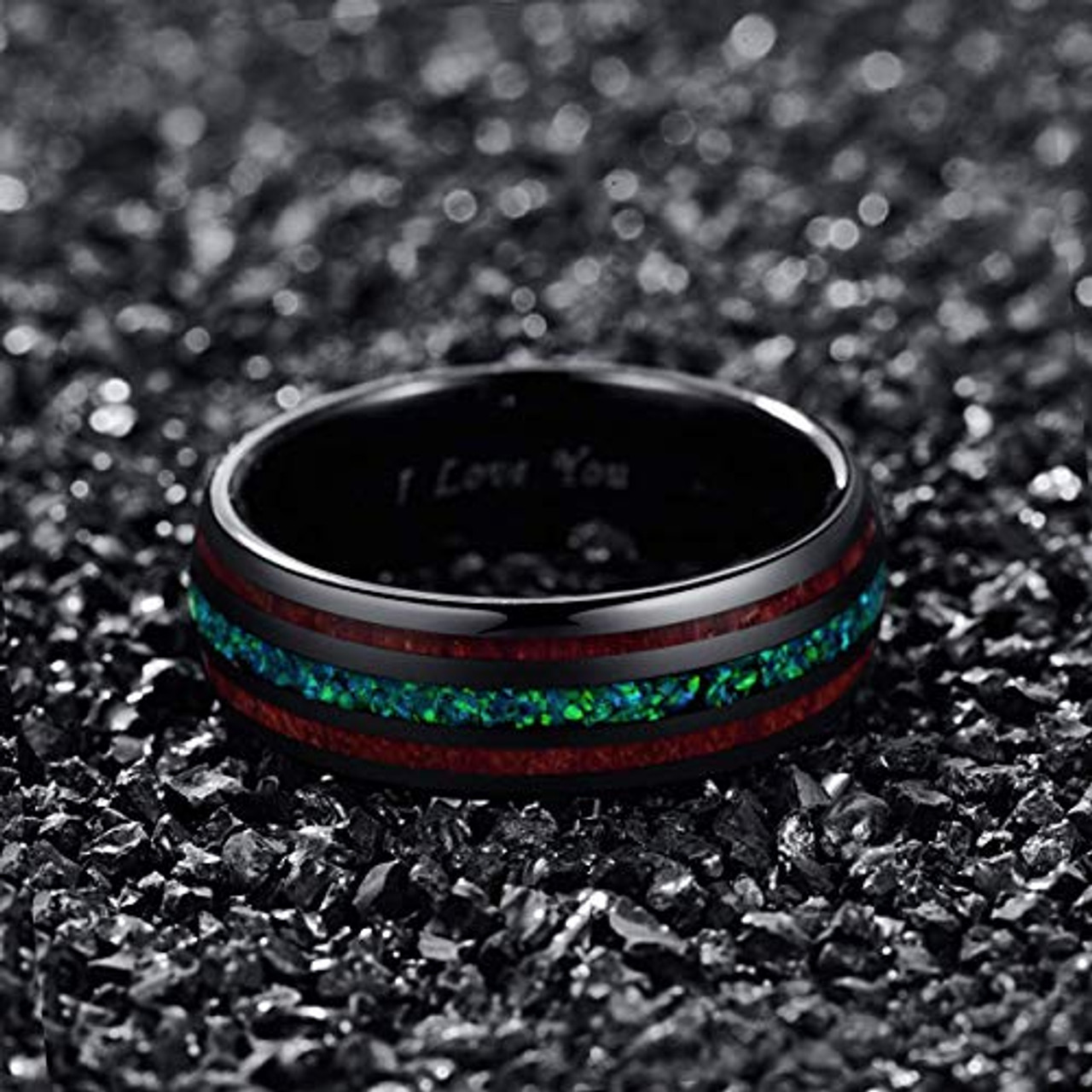 (8mm) Unisex or Men's Tungsten Carbide Wedding Ring Band - Black Tone Wood and Sea Green Opal Inlay Ring.  I Love You Text.