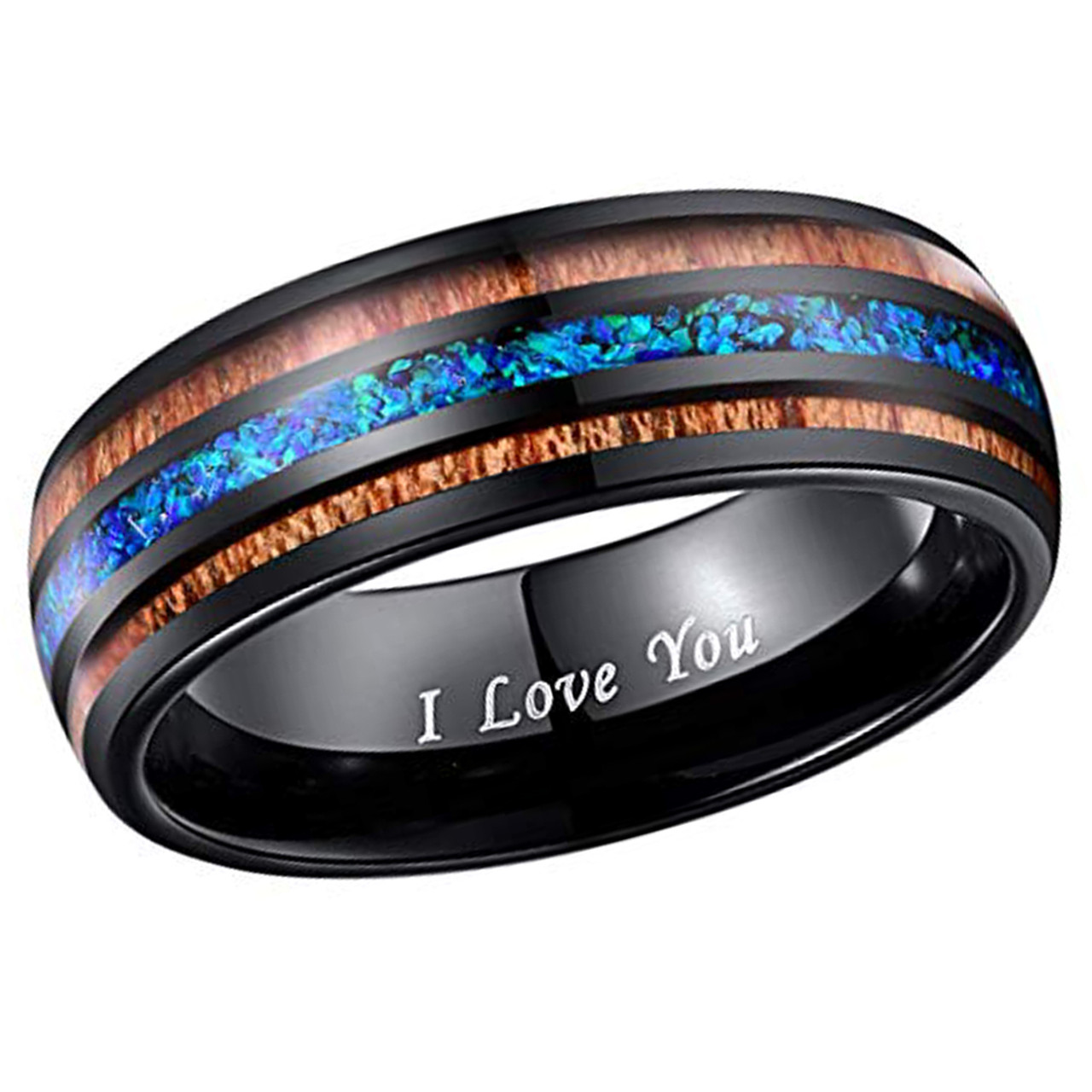 (8mm) Unisex or Men's Tungsten Carbide Wedding Ring Band - Black Tone Wood and Sea Blue Opal Inlay Ring.  I Love You Text.
