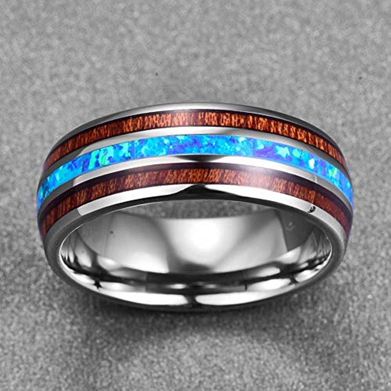 (8mm) Unisex or Men's Tungsten Carbide Wedding Ring Band - Silver Tone Wood and Sea Blue Opal Inlay Ring. 