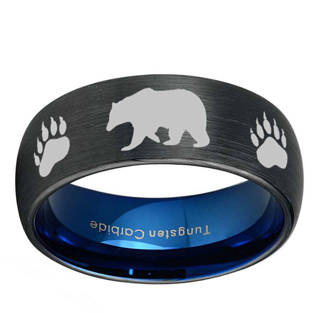 (8mm)  Unisex or Men's Hunting Ring / Bear Crossing Wedding ring band. Black Tungsten Carbide Band with Bear Walking and Paw Prints Laser Design. Domed Top Inner Blue Hunter's Wedding ring band Comfort Fit Ring