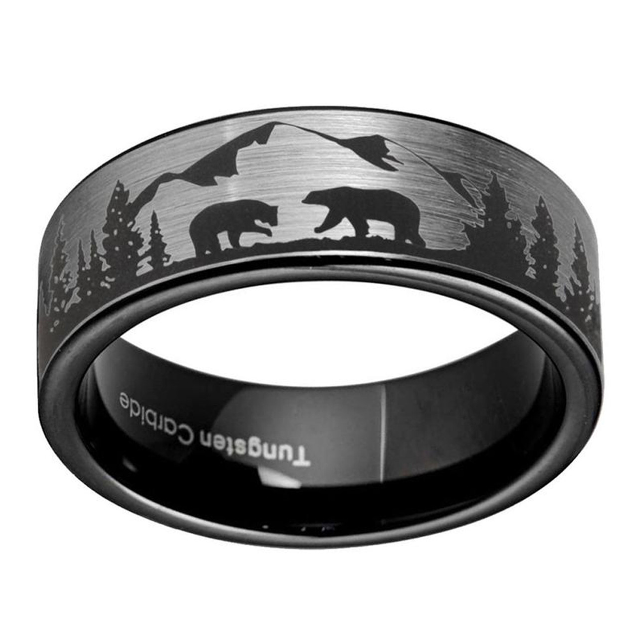 (8mm) Unisex or Men's Hunting Ring / Bear Mountains Wedding ring band. Brushed Silver Tungsten Carbide Band with Bears, Forest Trees and Mountain Scape Laser Etched Design. Pipe Cut Hunter's Wedding ring band Comfort Fit Ring
